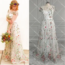 Customized Short Cap Sleeves Embroidered Wildflower Colorful Wedding Dress Illusion Round Neck Corset Blossom Bridal Gowns