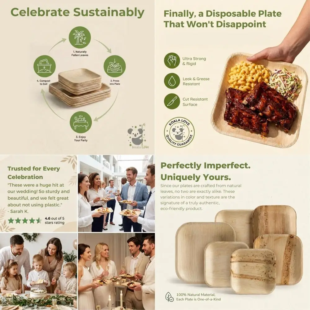 

Bamboo Disposable Square 7 Inch Plates, 100 Pack, Elegant and Sturdy, Ideal for Parties, Better Than Paper and Plastic