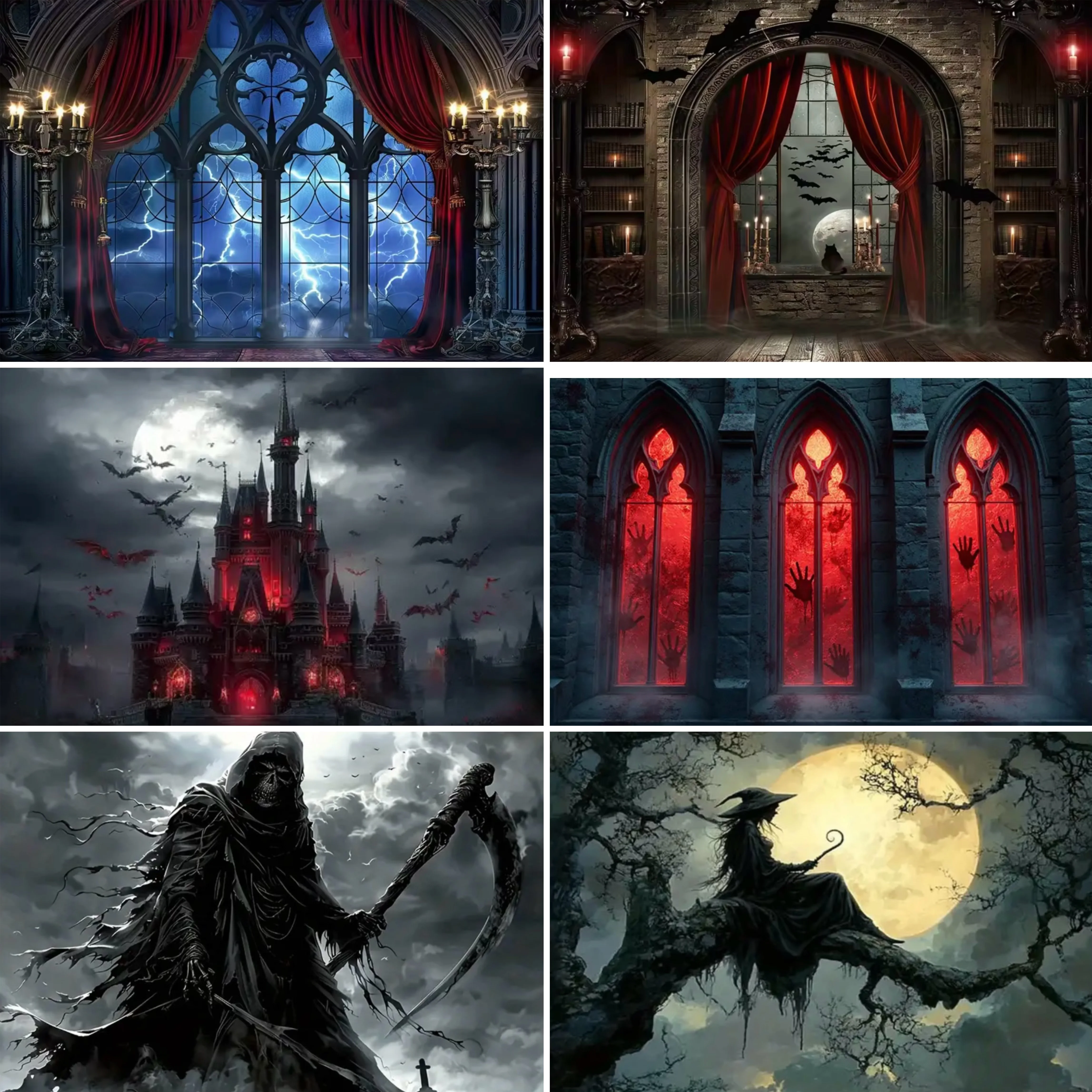 

Halloween Gothic Vampire Medieval Castle Witch Moonlight Bat Background Halloween Party Decoration Backdrop Photo Props.