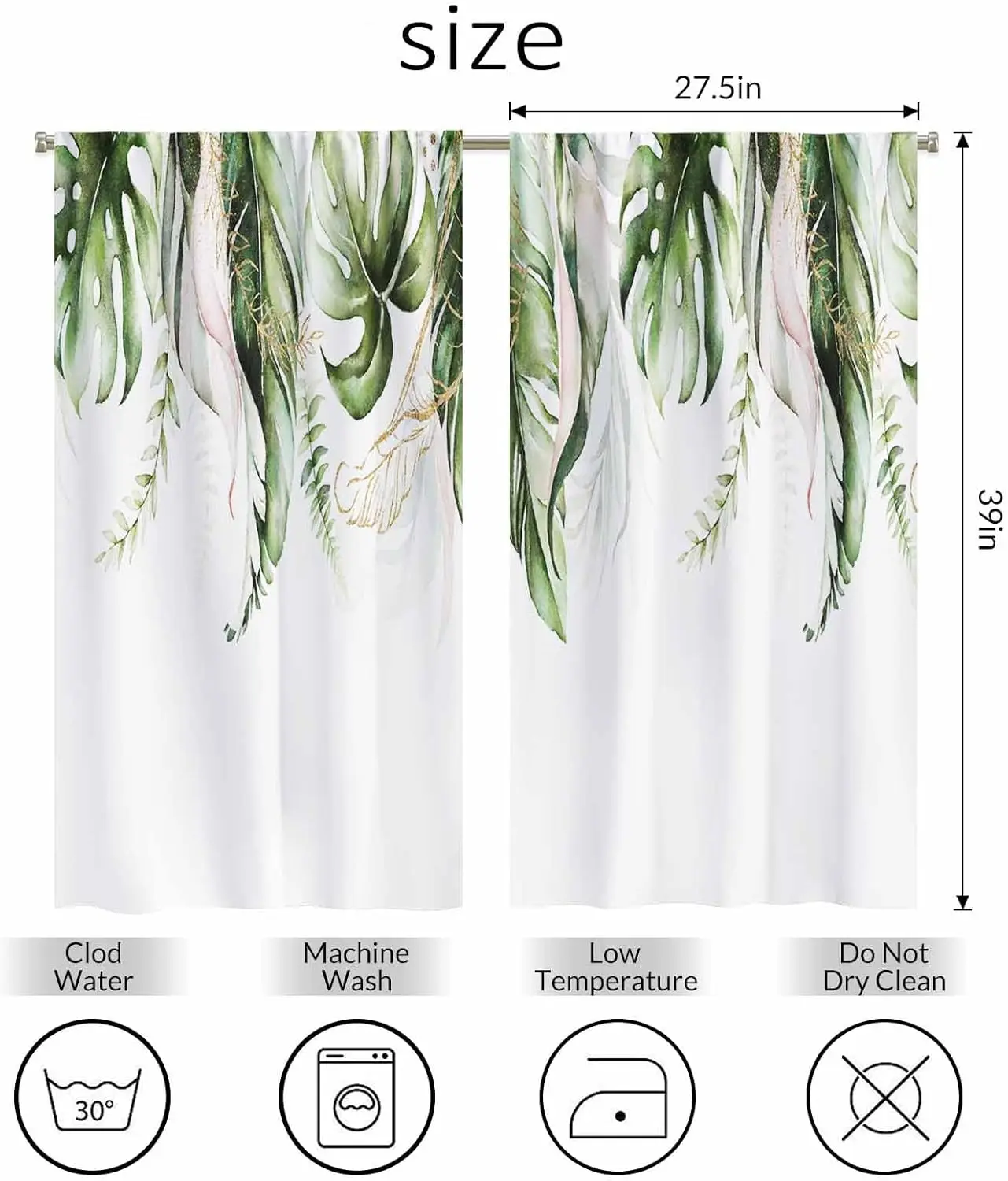 Tropical Leaves Kitchen Curtains Watercolor Green Jungle Foliage Blush Floral Palm Short Tier Curtains for Bathroom Cafe Small