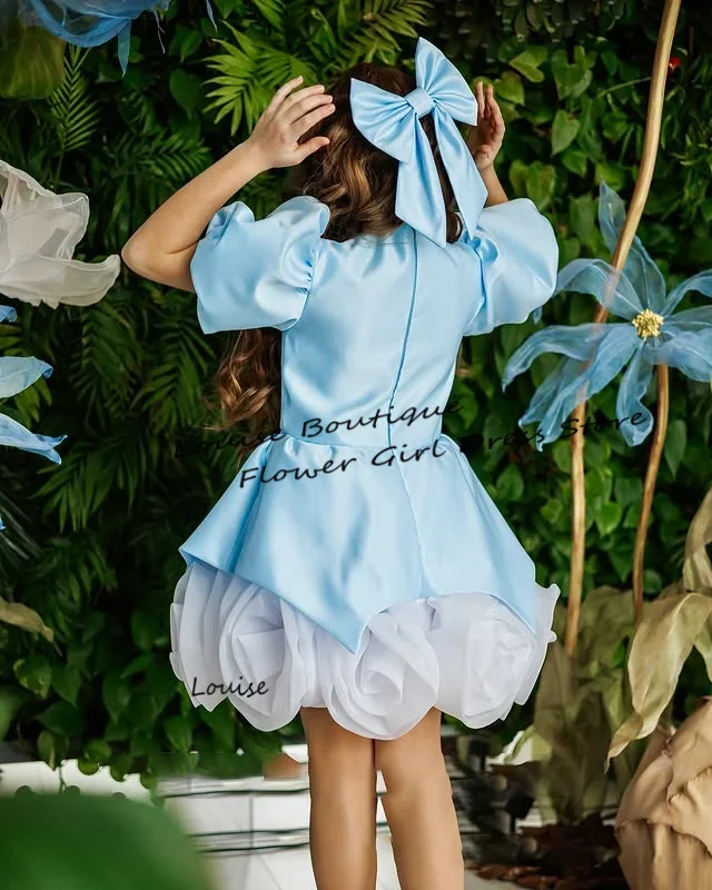 Gaun Gadis Bunga Arab Satin A-line Biru Bayi Gaun Anak Lengan Pendek Kerah Persegi Gaun Ulang Tahun Anak Perempuan Putri Disesuaikan