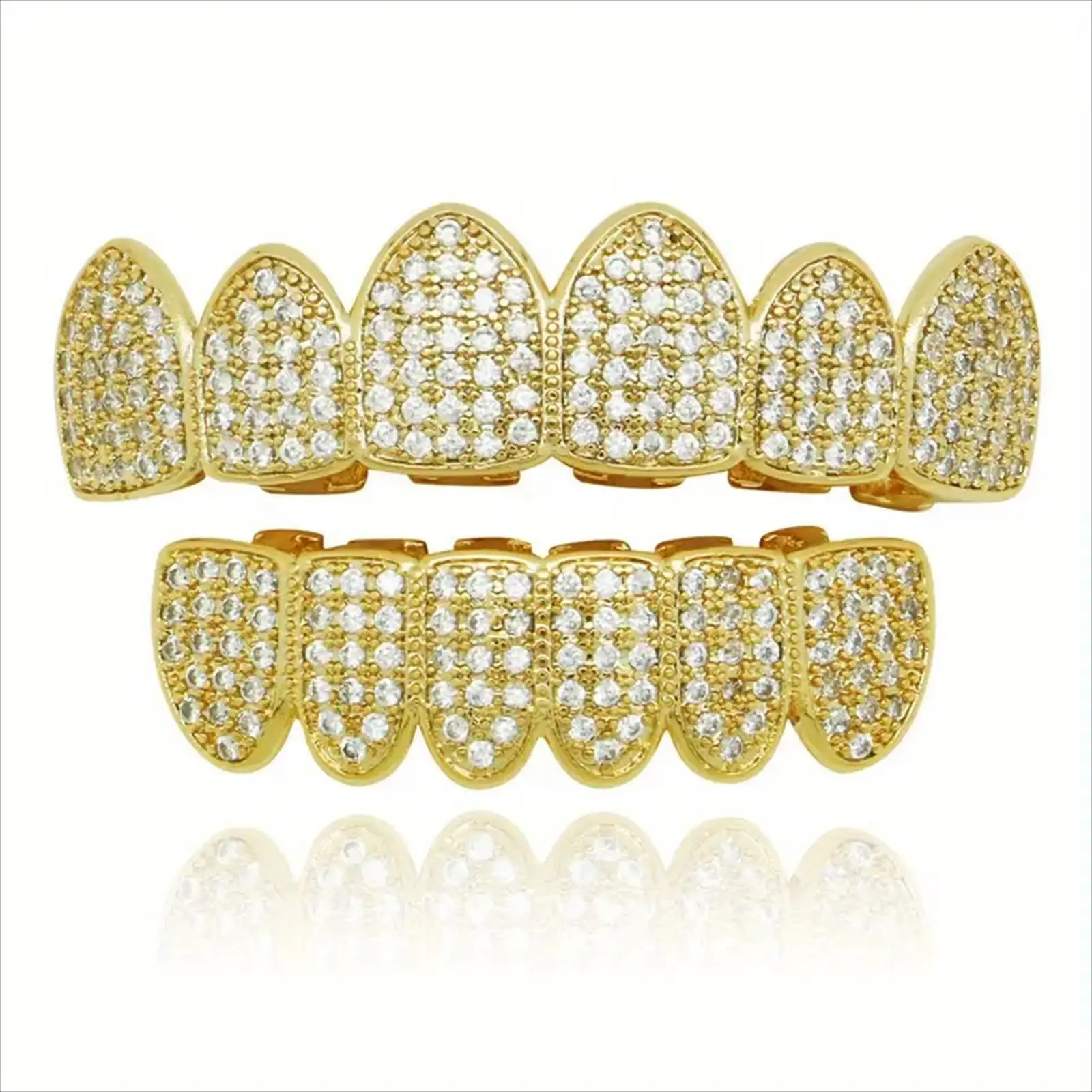 HipHop CZ Teeth Grillz Set For Unisex Top Bottom Mouth Gold Silver Color Teeth Grills Tooth Cap Removable Dental Fashion Jewelry