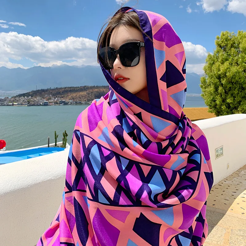 

Women Summer Cotton Linen Printed Scarf Bohemian Beach Shawl Seaside Sun Protection Scarf Coastal Accessories Wrap