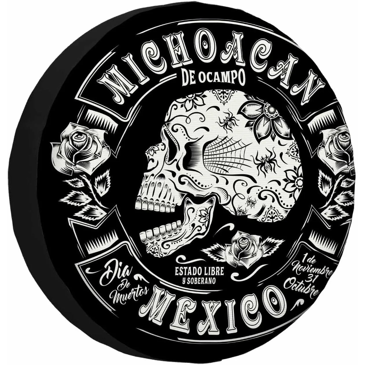 

Skull Flowers Spare Tire Cover Mexico Rose Vintage Art Bone Death Black Engraving Universal Wheel Protectors Camper Tire Covers