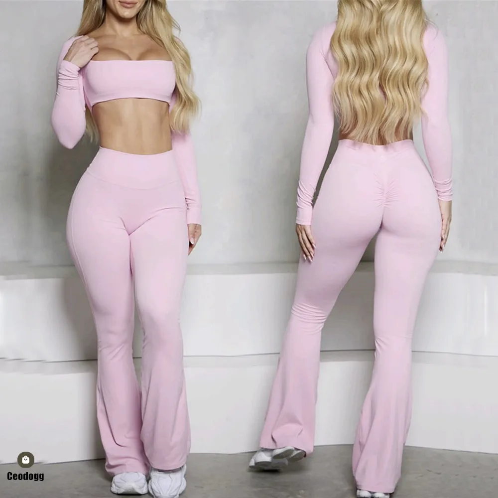 2PCS Pad Fitness Sports Crop Top Long Sleeve Yoga Set Women Workout Scrunch Pant Athletic Gym Flare Legging ActiveWear XP111
