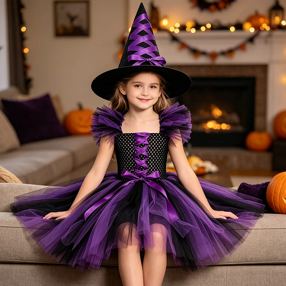 Halloween-Hexenkostüm für Mädchen, lila Tüllrock mit Hut, für Kinder von 2 bis 12 Jahren, Karneval, Cosplay, Party, Kinderkleidung. – Detail 7