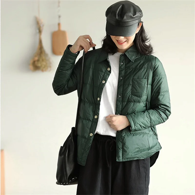 

Women Bigsize Shirt Down Jacket 2023 Autumn Winter Light White Duck Down Coat Ladies Casual Warm Puffer Parkas Short Outwears