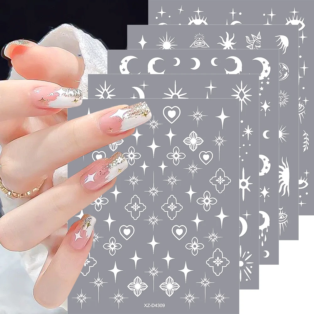 12 Pz/lotto 3D Sole Stella Luna Unghie Artistiche Adesivi Oro Argento Nero Bianco Y2K Starlight Decalcomanie Autoadesive Manicure Slider
