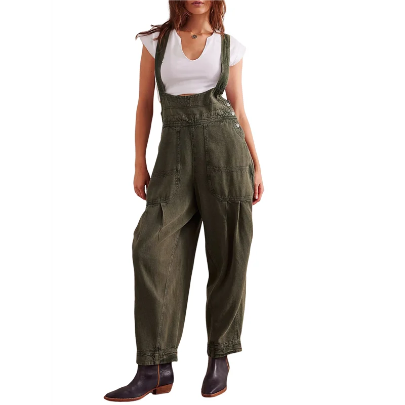 ABP-mono mameluco ajustable de mezclilla sin mangas lateral informal suelto para mujer con bolsillos