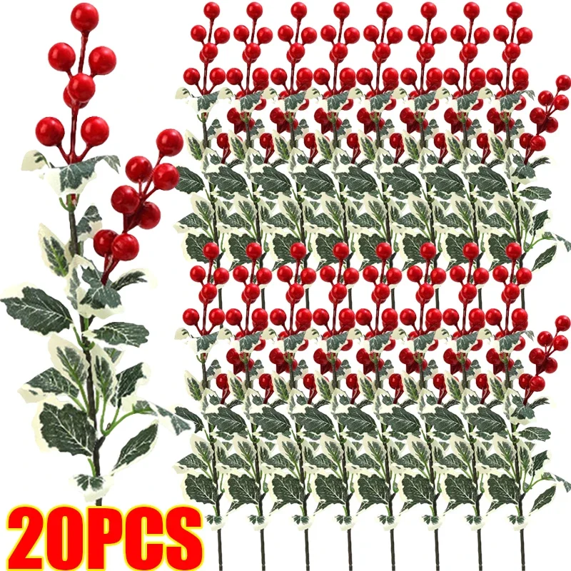 45cm Christmas Articifial Red Berry Branch with Holly Leave DIY Foam Fake Flower Ornament Christmas New Year Party Decoration