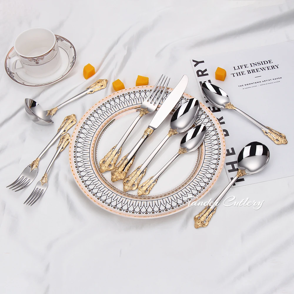 1 Pieces Luxury Gold Plated Cutlery Set Vintage Western Stainless Steel Tableware Wedding Engraving Dinnerware Knife Fork Spoon