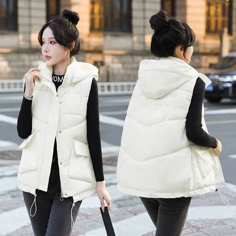 New 2024 Autumn Winter Puffer Vest Women Loose Hooded Sleeveless Short Vest Jackets Cotton Padded Winter Waistcoat Outwear