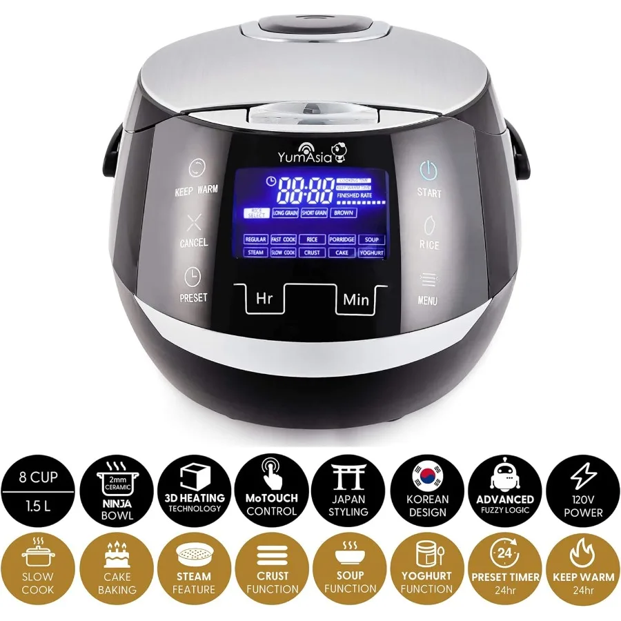 Sakura Rice Cooker with Ceramic Bowl and Advanced Fuzzy Logic 8 Cup 1.5 Litre 6 Rice Cook Functions 6 Multicook Functions Motou