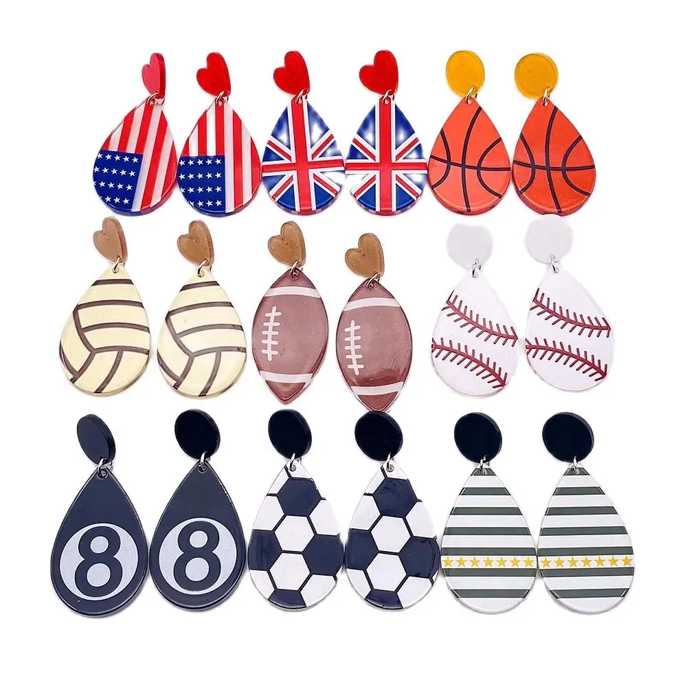Акриловые серьги в спортивном стиле, серьги с принтом для баскетбола, футбола, бейсбола, модные геометрические овальные серьги с флагом США на День независимости
