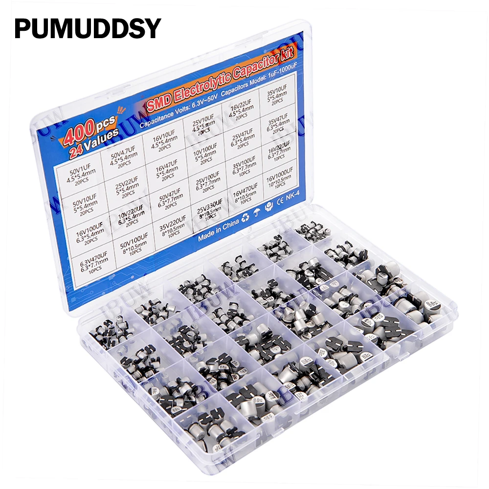

Набор электролитических конденсаторов SMD, 400 шт., 24 номинала, 1 мкФ-1000 мкФ, 6.3В-50В, для электроники, 50В1мкФ, 50В4.7мкФ, 25В47мкФ, 50В100мкФ
