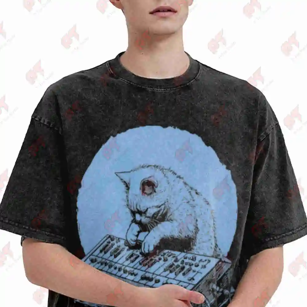 Synthesizer Cat Modular Synth Beat Maker Analog Vintage Washed Tee Pure Cotton T-Shirt