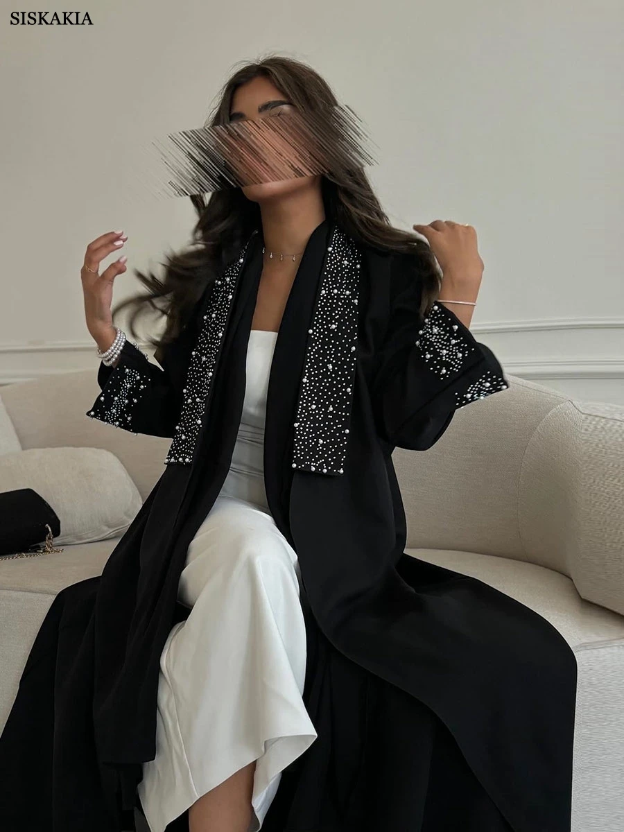 Siskakia Ramadan Muslim Beaded Abaya Patchwork Beading Sleeve Cardigan Stylish Elegant Loose Kaftans Woman