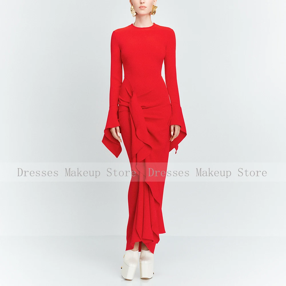 Pink Evening Dress Maxi O Neck Long Sleeves Ruffle Sheath Modest Evening Gowns for Women 2025 Column Formal Party Dresses image 4