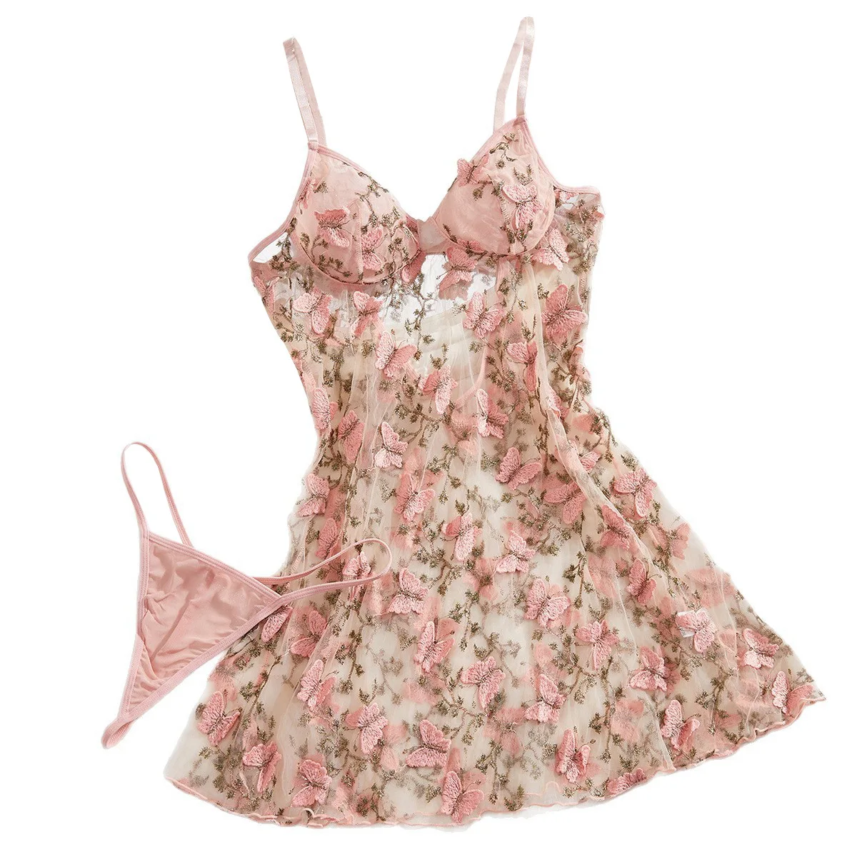 

‌Sweetheart Lingerie Set - Sheer Babydoll with Butterfly Appliqué & Panty, Cute Sleepwear