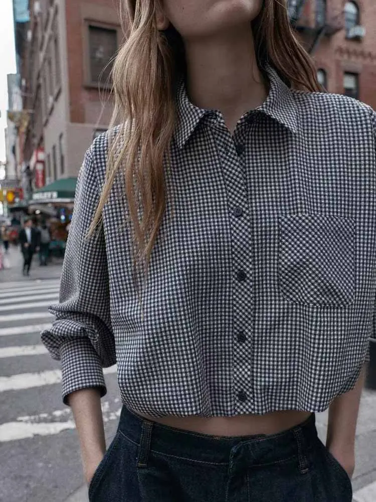 

European and American style winter new arrivals fashionable women's clothing, versatile long-sleeved collared small checkered sh