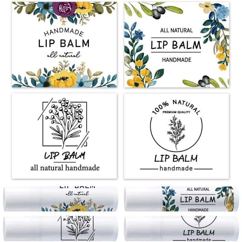 100Pcs 4 Styles Lipstick Tag Stickers Flower Lip Balm Label Sticker 2.1x1.7 inch Self Adhesive Lipstick Labels with Words