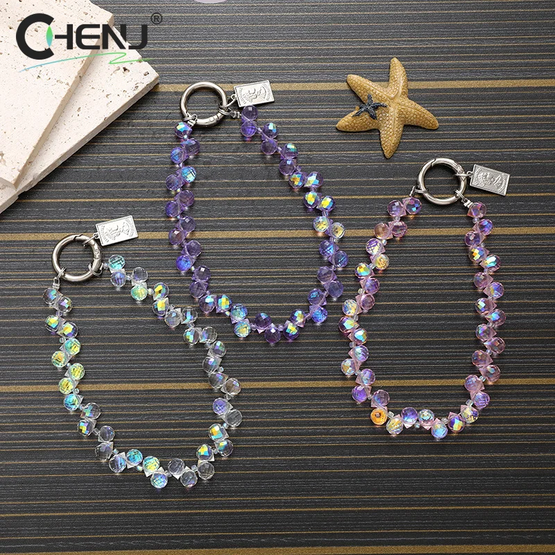 Colorful Crystal Teardrop Beaded Mobile Phone Case Chain Anti-Lost Phone Lanyard WaterCup Pendant Keychain Earphone Camera Chain