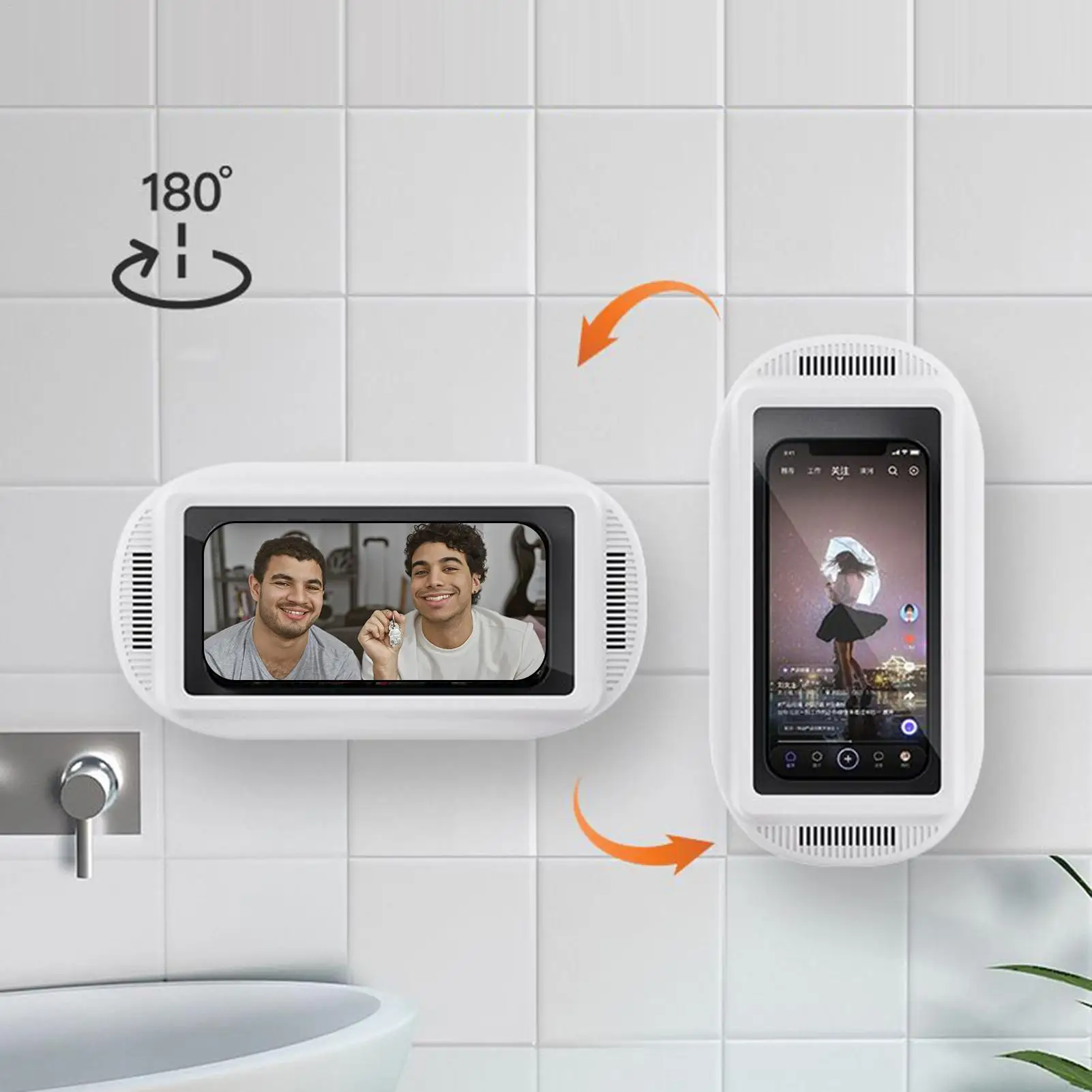 ที่ยึดโทรศัพท์กันน้ำแบบติดผนังด้วยแรงดูด ที่วางโทรศัพท์มือถือสำหรับห้องน้ำ ห้องครัว ห้องนอน