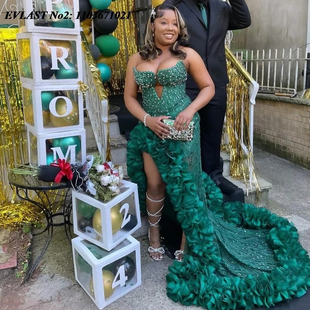 

EVLAST Customized Sexy Emerald Green Pearls Mermaid Prom Dress High Slit Beaded Crystal Evening Party Aso Ebi Formal Gown E2P551