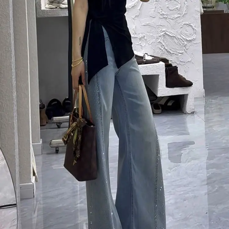 Pantalones vaqueros de primavera 2025 para mujer, pantalones vaqueros holgados de pierna ancha acampanados de cintura alta, Retro Azul, bordado de diamantes de imitación, pantalones de suelo de arrastre