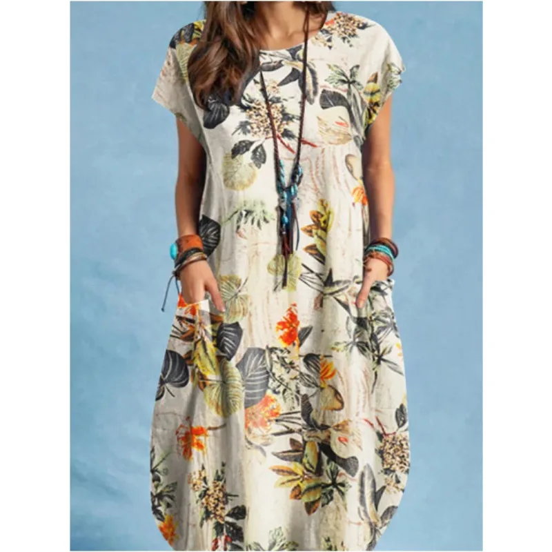 

Trendy Vintage Summer Dress Cotton Dress Women Printed Bohemian Short Sleeves Dresses Beach Vacation Casual O-neck Pocket Loose
