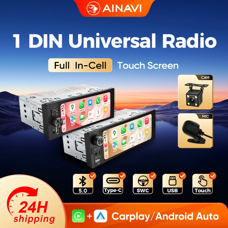 Ainavi K40 K50 Radio de coche universal 1 Din de 6,36 pulgadas, MP5, pantalla táctil IPS, inalámbrico HD 1280*480, Carplay, Android Auto, cámara trasera, MIC, USB, BT 5.0, tipo C, Bluetooth, teléfono, música