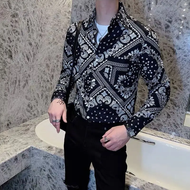 Spring Autumn New Turn-down Collar Fashion Long Sleeve Shirt Man Korean Style Printing Button Patchwork Cardigan Casual Y2K Tops