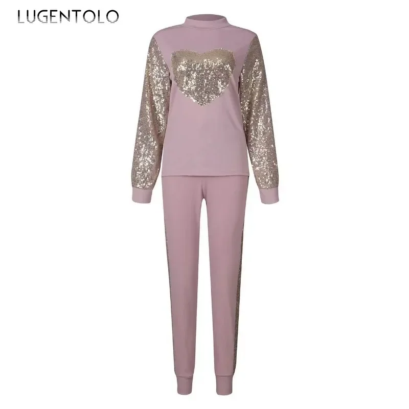 Damski 2-częściowy zestaw 2024 New Fall O-Neck Love Sequins Sweatshirt Drawstring Slim Jogging Bottoms Fashion Street Party Wear