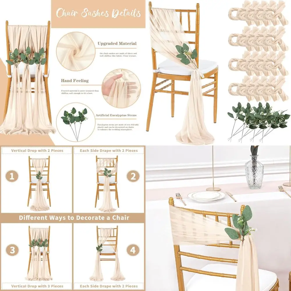 

Champagne Sheer Tulle Wedding Chair Sashes - 36 Pack Long Chair Bows for Aisle Drapes and Party Decorations