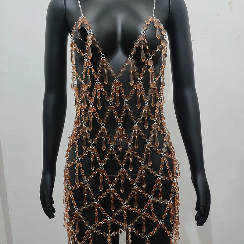 New handmade crystal gemstone long skirt chain, fashionable and sexy, hollowed out backless diamond patchwork body chain