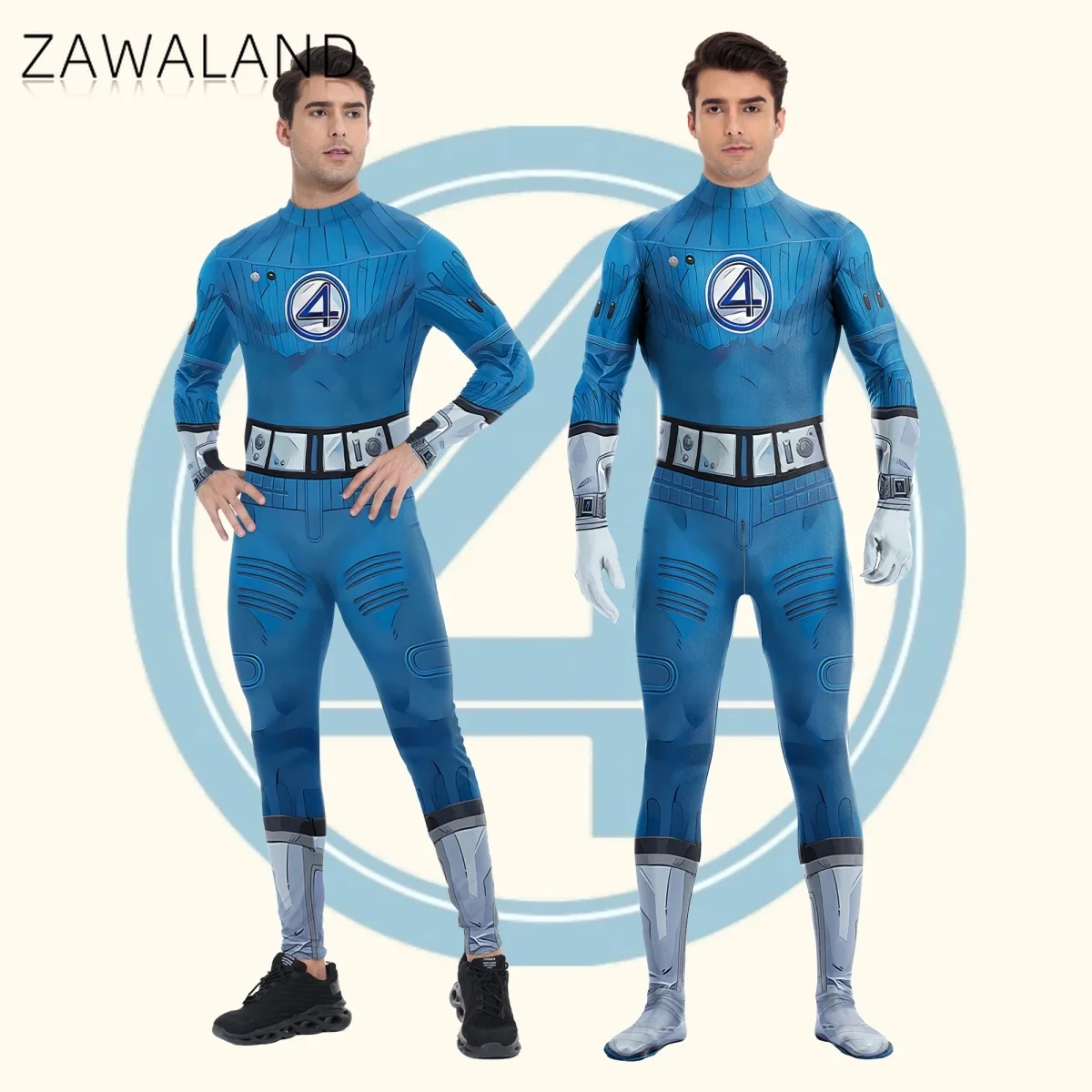 

Blue No 4 Printed Cosplay Costume Male Reed Richards Superhero Jumpsuit Long Sleeve Bodysuit Carnival Stage Performance Outfits