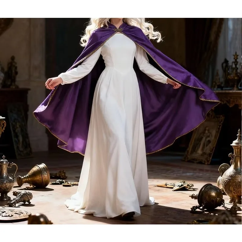 Cape Cloak Costume King Queen Princess Women Men Halloween Renaissance Golden Trim Velvet Wedding Medieval Outfit Bridal