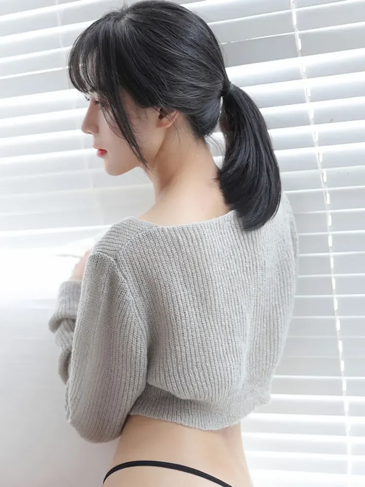 Sexy Low Cut Women Knitwear Korean Popular Pullovers Short Crop Tops Long Sleeve Sweater Fashion Woman Clothing