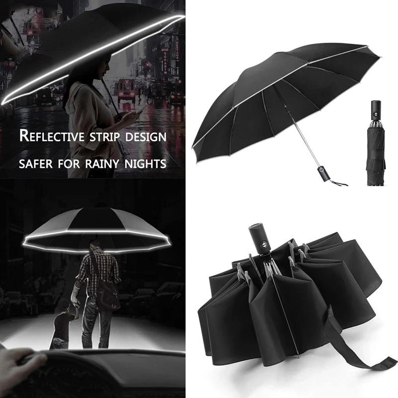 New LED Automatic Windproof Umbrella with Reflective Strip Reflective Umbrella Foldable Inverted 10 Rib Umbrella