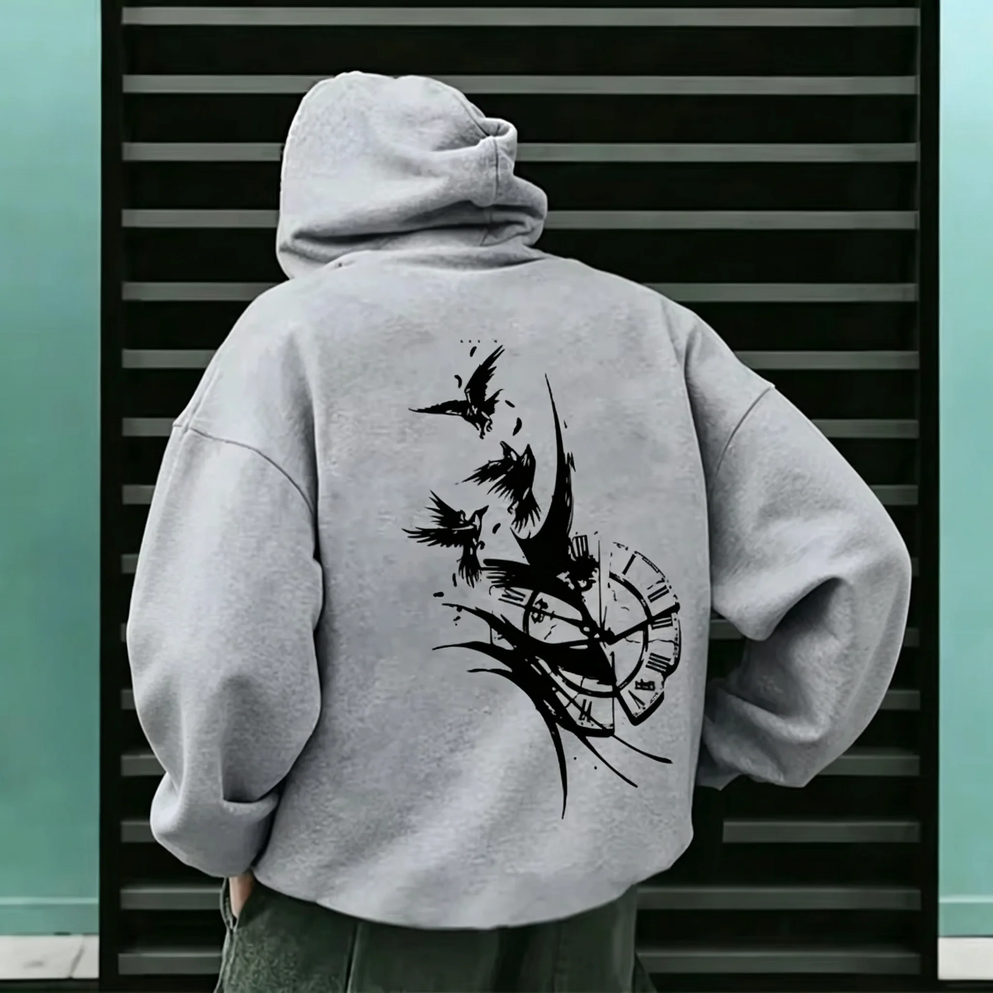 2026 New Unisex Oversized Hoodie Crow Clock Back Print Streetwear Men Women Autumn Winter Pullover Sweatshirt
