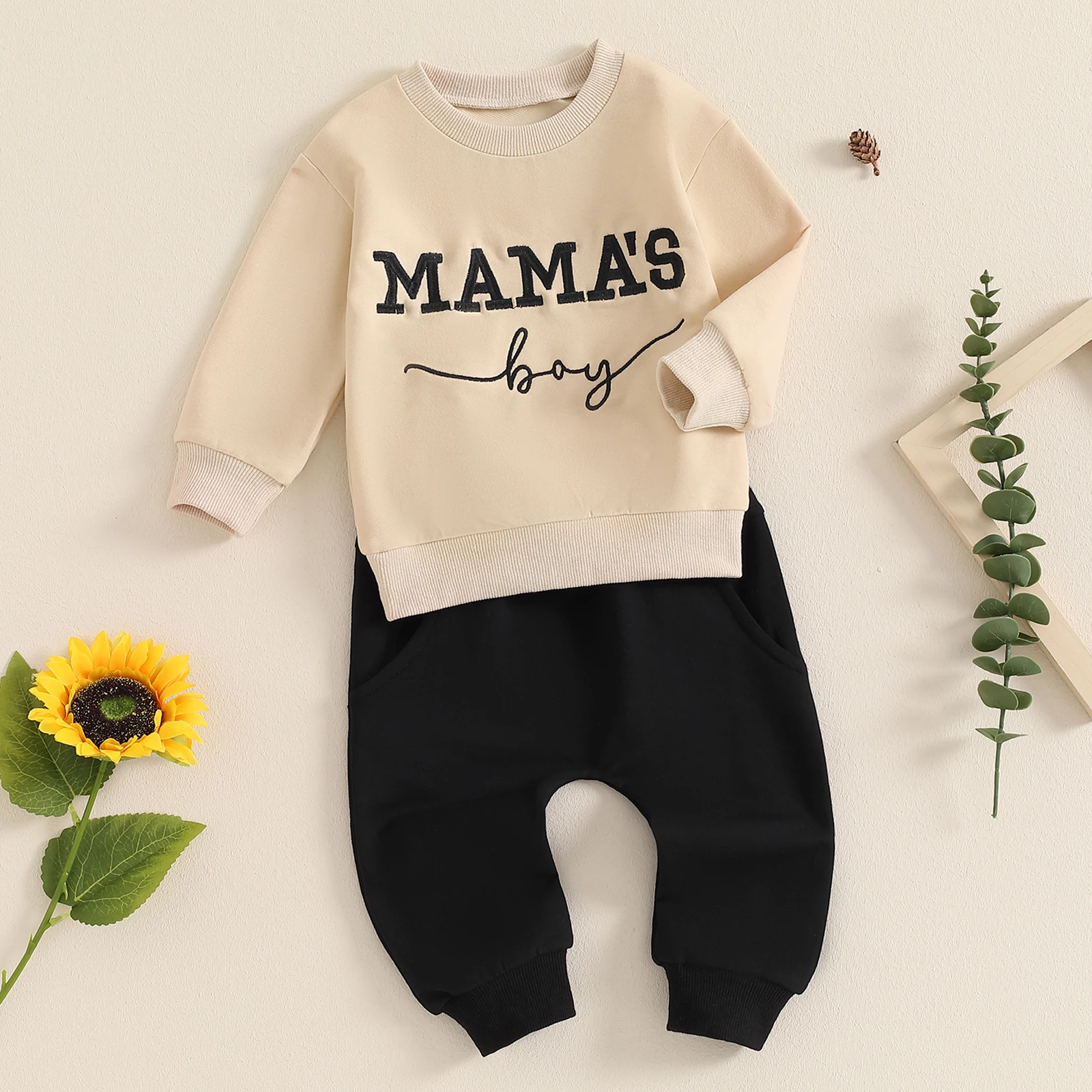 Boys Autumn 2PCS Outfit Sets Long Sleeve O Neck Letter Embroidery Tops Drawstring Pants Sets image 2