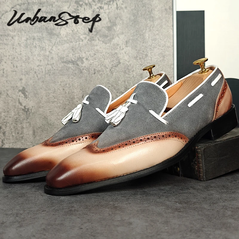 Handmade Italian Luxury Men's Shoesa Apricot Wingtip Slip-On Casual Mens Dress Shoes Wedding Office Genuine Leather Loafers Men