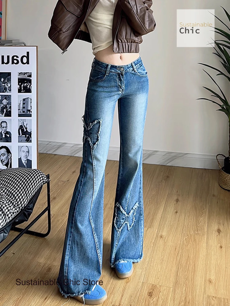 American high street retro spice butterfly embroidery micro-la jeans women's summer new plus size women's slim wide-leg pants