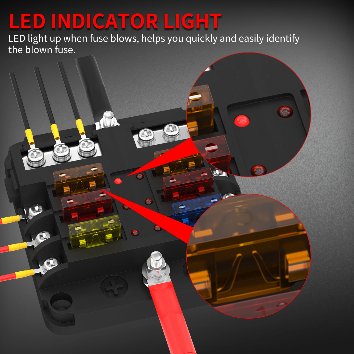 12V Fuse Block 6 Way with LED Indicator Light 12 Volt Fuse Box ATO/ATC Marine Fuse Panel Waterproof 24V for Automotive Boat Car