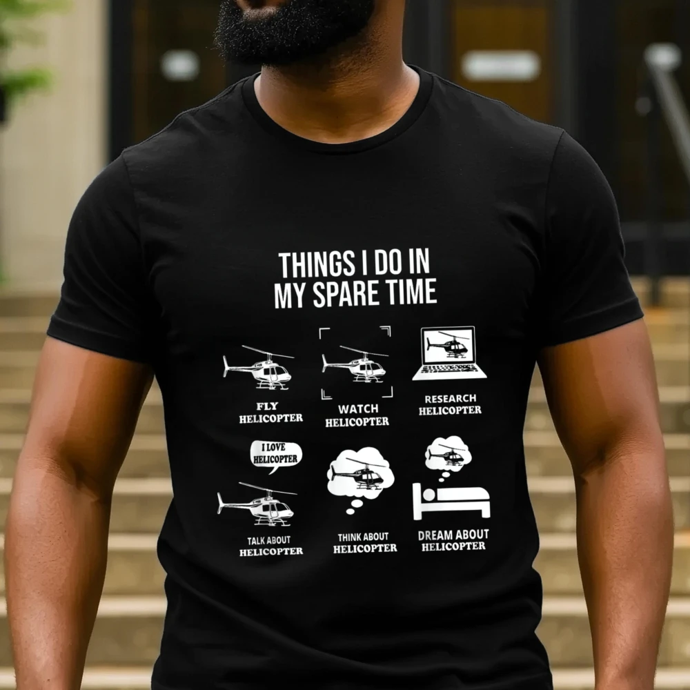 Men Helicopter Lover T-shirt Things I Do In My Spare Time Helicopter Icon List Cotton Tee Fun Aviation Hobby Graphic Casual Tops