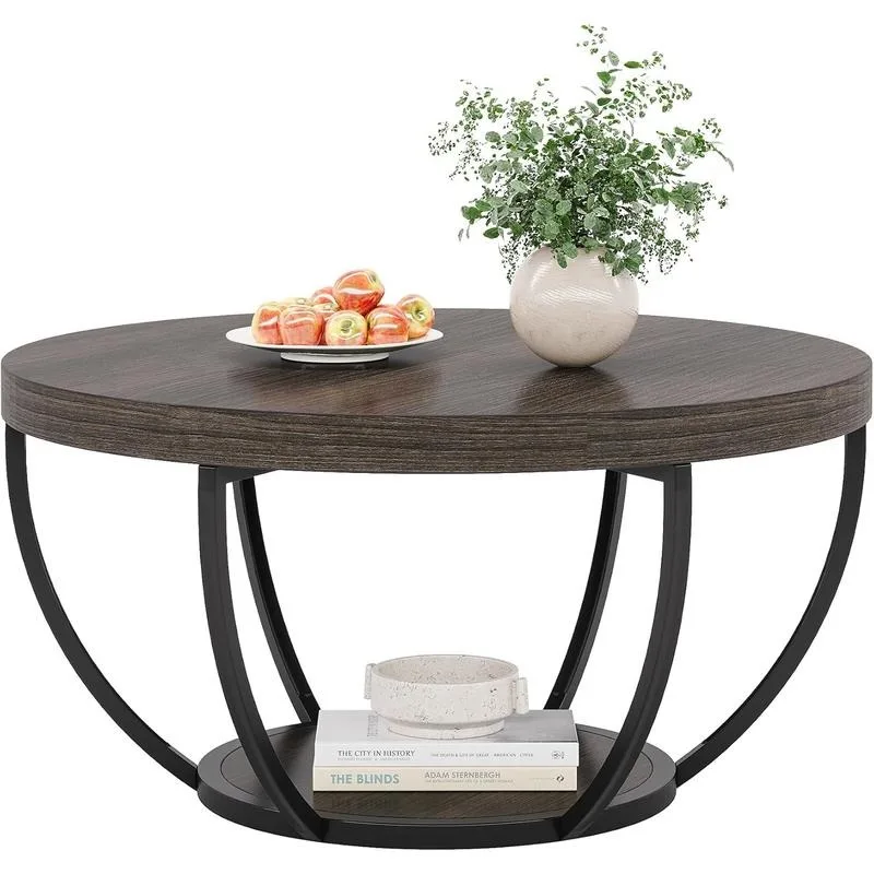 Wooden Coffee Table, 2-Tier Round Central Cocktail Table with Shelvesg