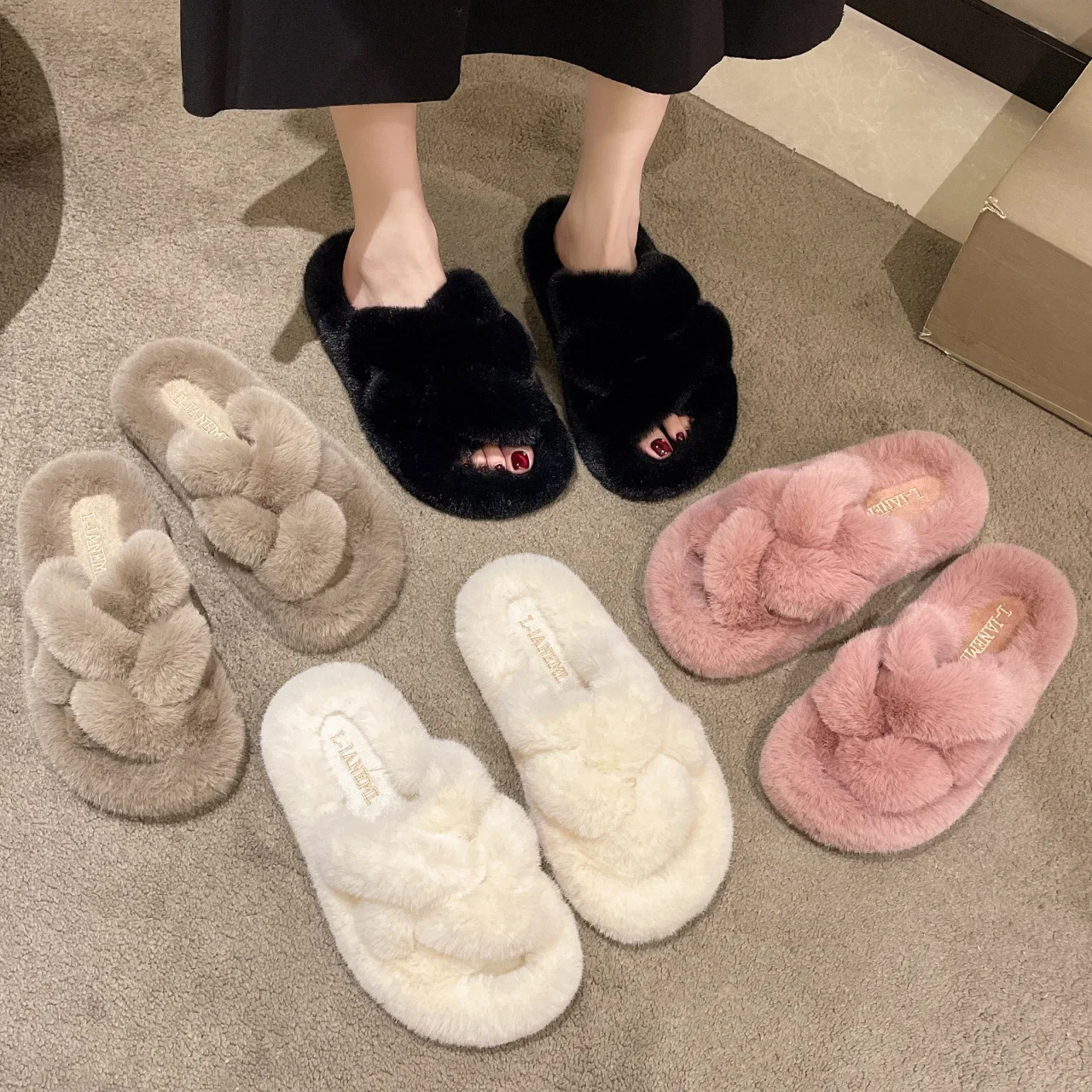 Foreign Trade Mao Mao Autumn Winter New Korean Edition Cross Thick Bottom Open Toe Slippers
