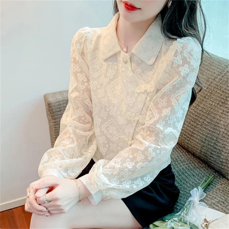 Women Fashion Vintage Hollow Lace Sweet Kawaii Fairy Shirts Elegant Chic Long Sleeve Blouses Casual Solid Loose Tops Blusa Mujer