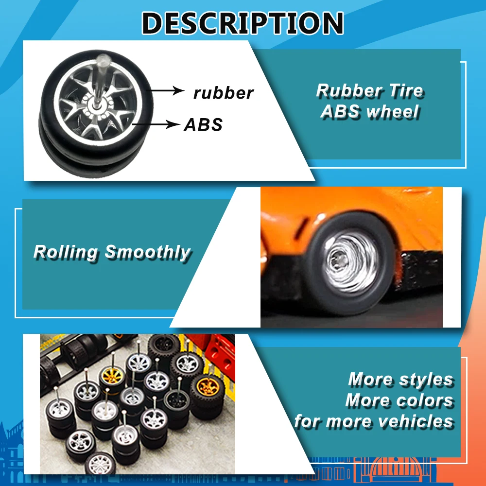 1/64 Wheels with Fixed Rubber Tires Four Spoke for Toy Models