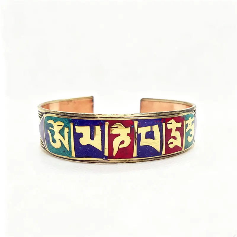 BB-193 Tibetan Mantras Amulet Open Cuff Bangles OM MANI PAD ME HUM Bangle Red Copper Inlay Colorful Stone